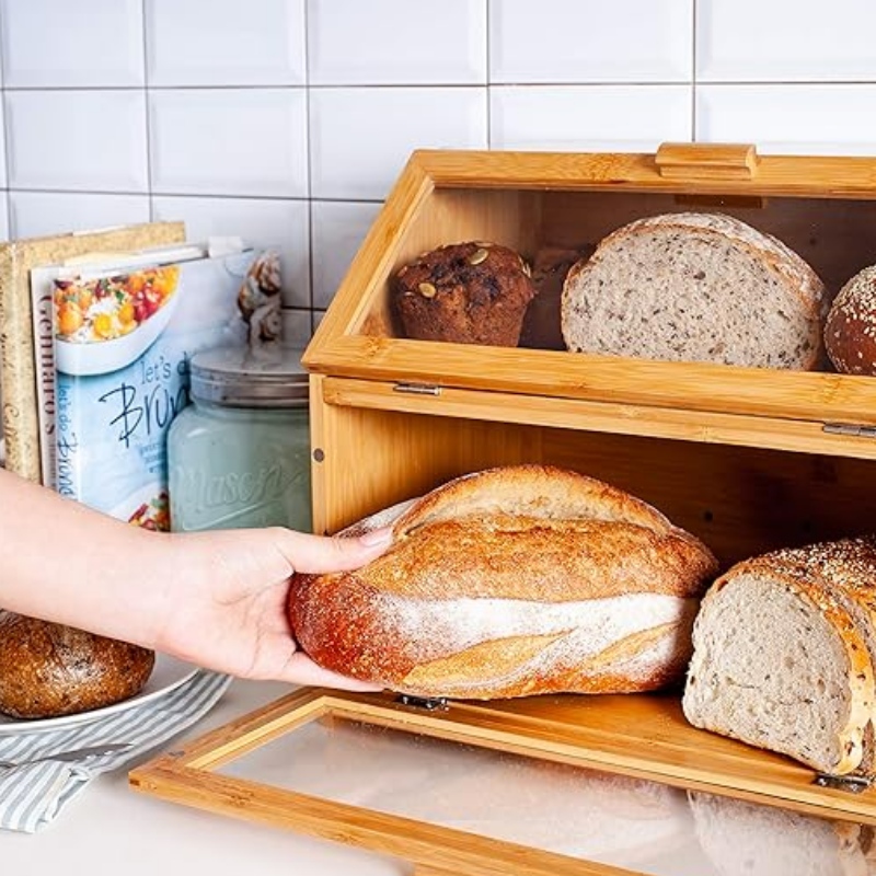 Caja de pan de bambú para mostrador de cocina - almacenamiento de pan de doble capa con ventanas transparentes - contenedor de pan de estilo de granja rústica