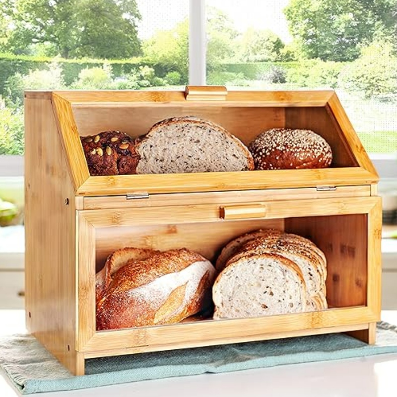 Caja de pan de bambú para mostrador de cocina - almacenamiento de pan de doble capa con ventanas transparentes - contenedor de pan de estilo de granja rústica