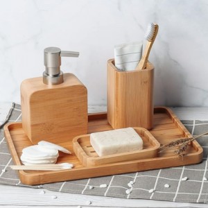 Fregadero de bambú hecho a mano Conjuntos de accesorios de baño Retro Set, Natural, Soporte de jabón para ducha, dispensador de jabón de loción, taza de enjuague bucal, taza de enjuague, bandeja de organizador para hotel, casa, oficina