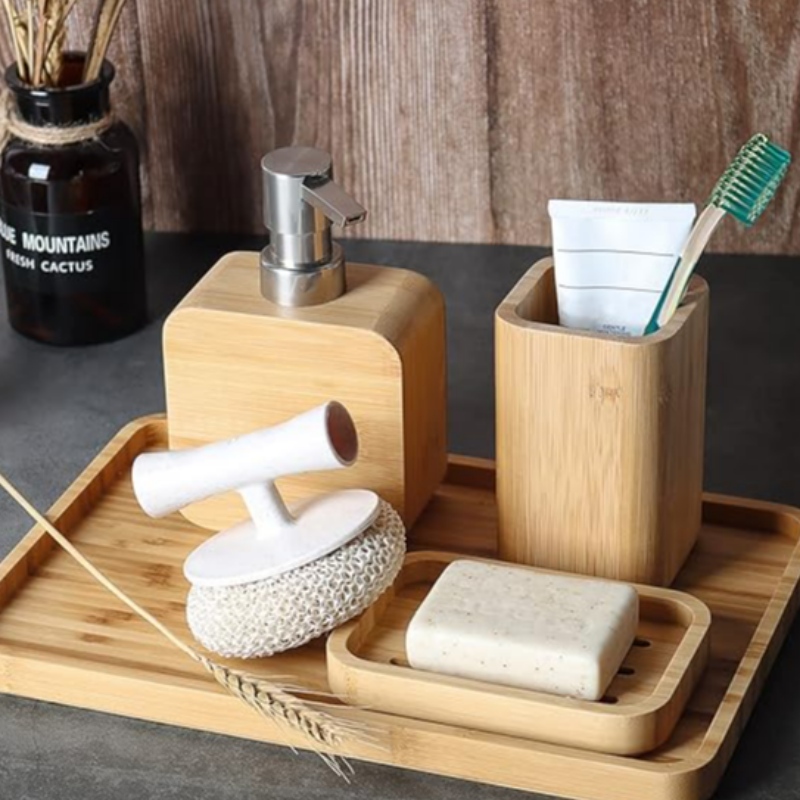 Fregadero de bambú hecho a mano Conjuntos de accesorios de baño Retro Set, Natural, Soporte de jabón para ducha, dispensador de jabón de loción, taza de enjuague bucal, taza de enjuague, bandeja de organizador para hotel, casa, oficina
