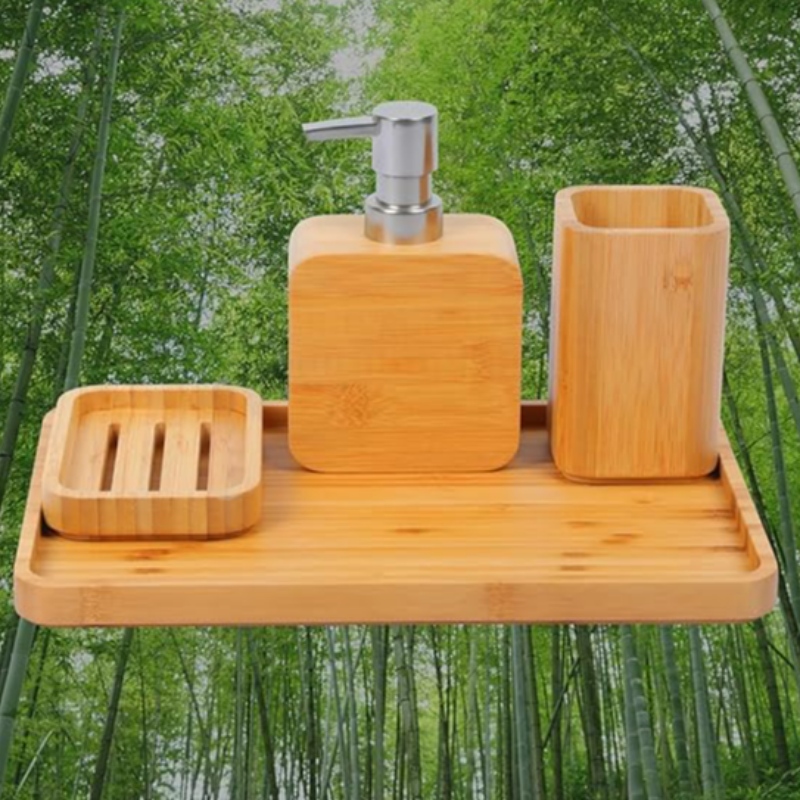 Fregadero de bambú hecho a mano Conjuntos de accesorios de baño Retro Set, Natural, Soporte de jabón para ducha, dispensador de jabón de loción, taza de enjuague bucal, taza de enjuague, bandeja de organizador para hotel, casa, oficina